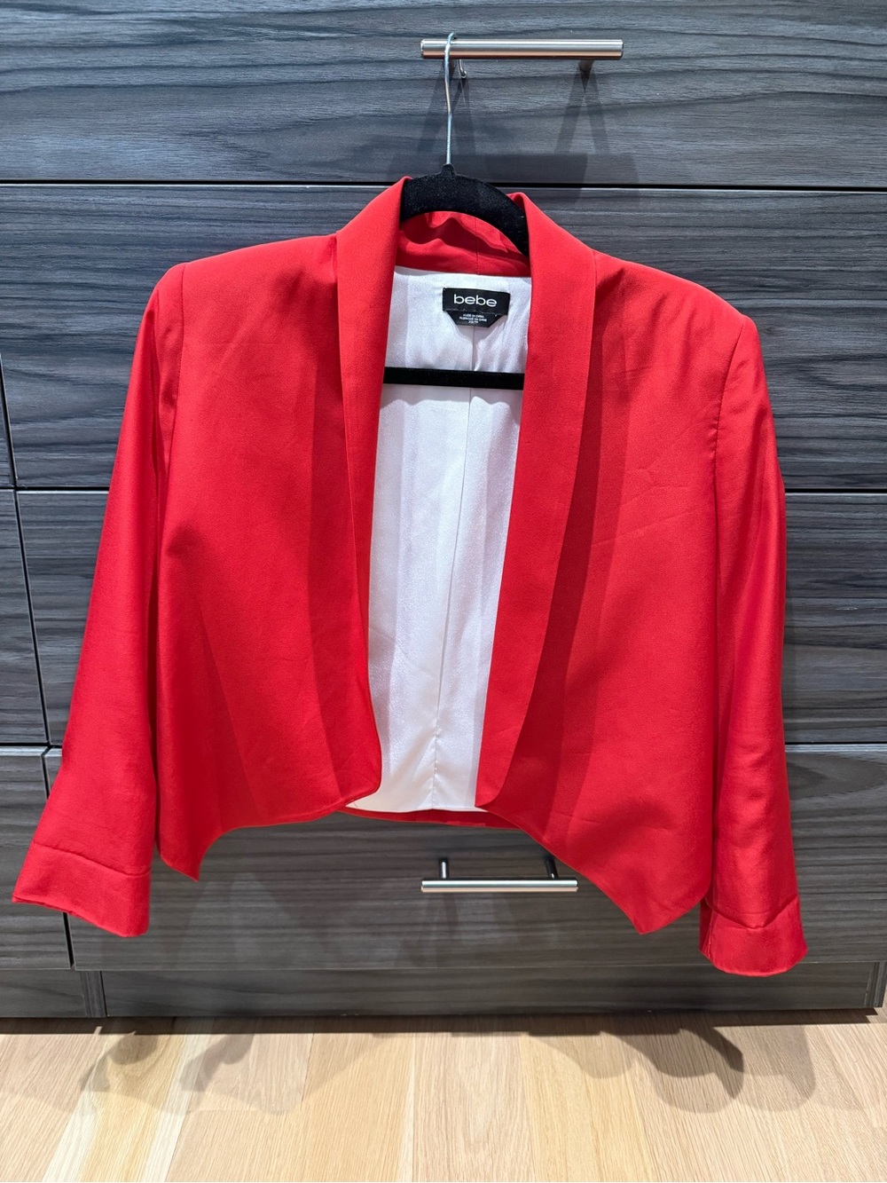 bebe Bright Red Cropped Open-Front Shawl Blazer